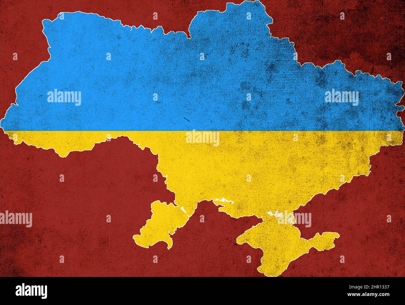 La carte et le drapeau de l'Ukraine sur fond rouge. Le concept de l'invasion russe Banque D'Images