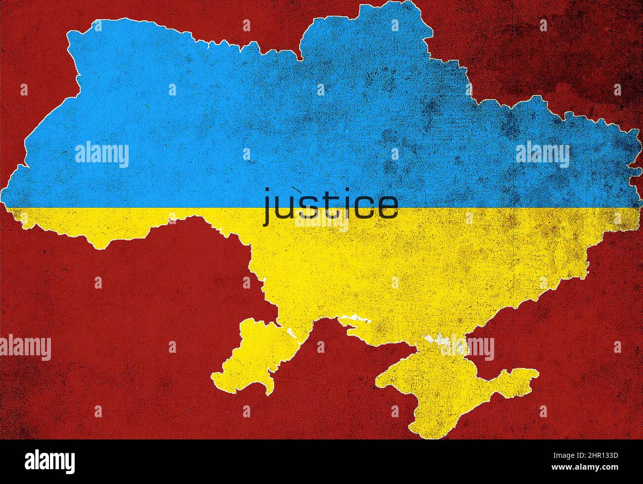 La carte et le drapeau de l'Ukraine sur fond rouge. Mot Justice sur la carte. Le concept de l'invasion russe Banque D'Images