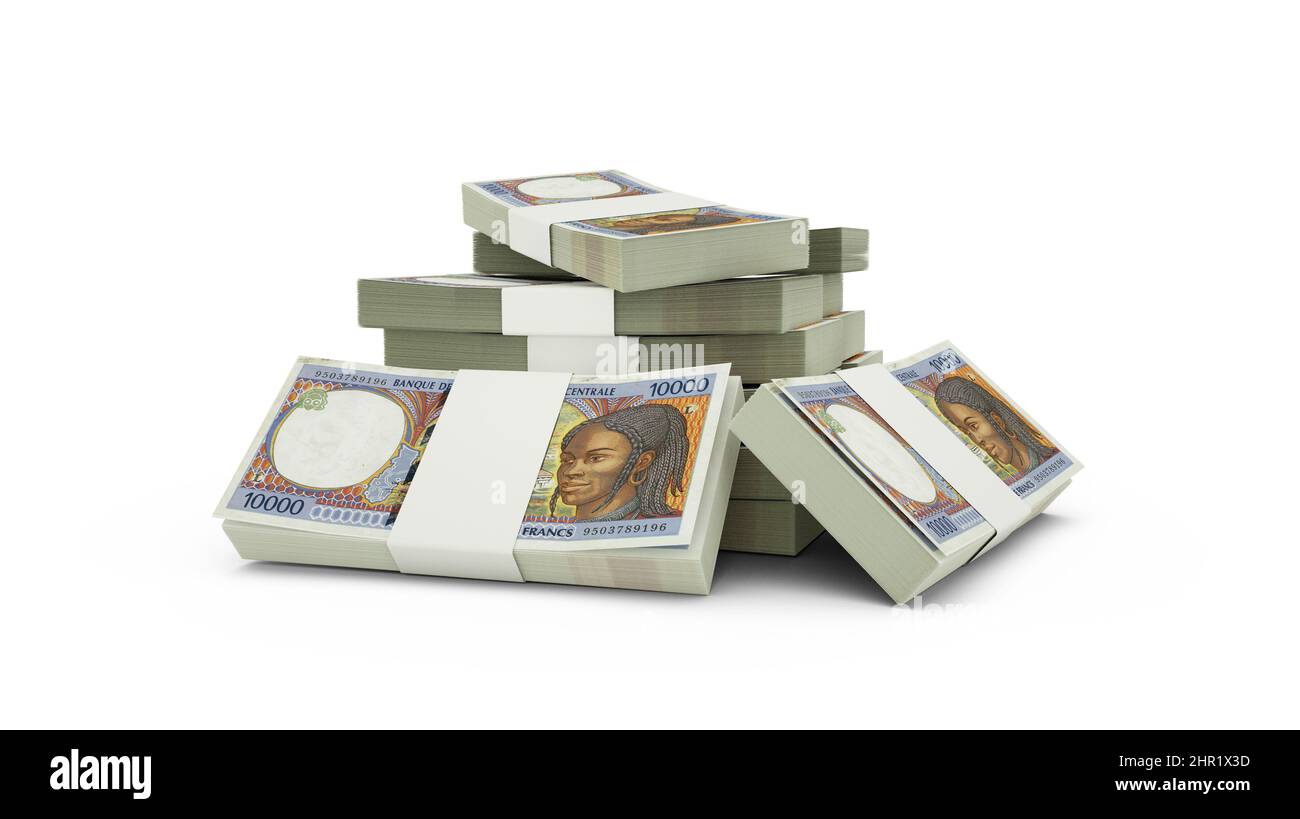 3D rendu de la pile de 10000 billets de franc CFA d'Afrique centrale. Lots de billets de monnaie d'Afrique centrale isolés sur fond blanc Banque D'Images