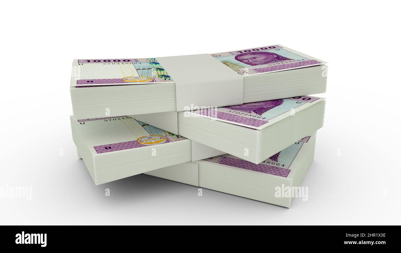 3D rendu de la pile de 10000 billets de franc CFA d'Afrique centrale. Lots de billets de monnaie d'Afrique centrale isolés sur fond blanc Banque D'Images