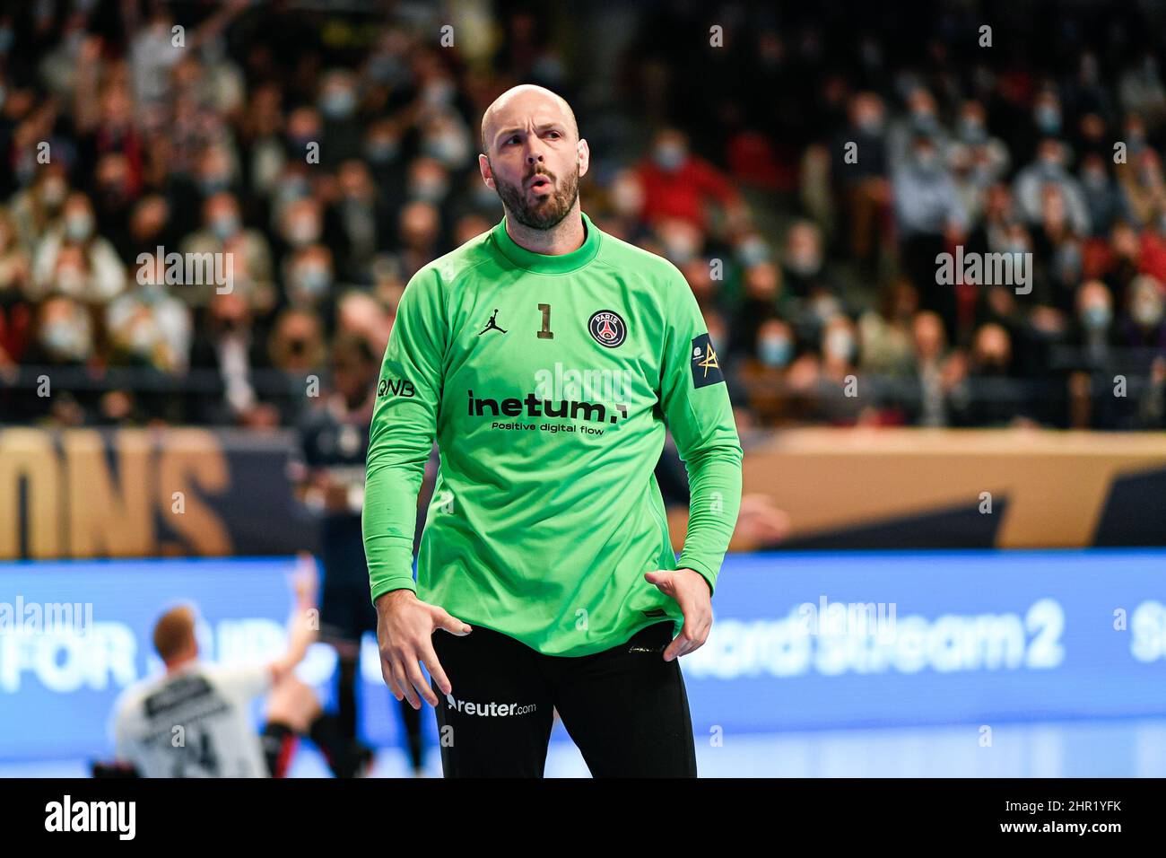 Vincent Gerard gardien de PSG lors du match de handball de la EHF Champions League, Group phase entre Paris Saint-Germain Handball et SG Flensburg-Handewitt le 24 février 2022 au stade Pierre de Coubertin à Paris, France. Banque D'Images