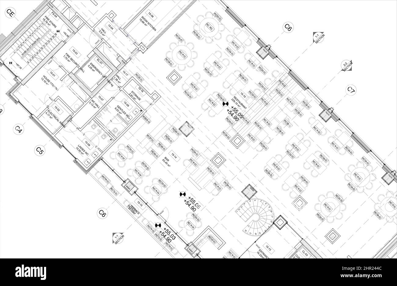 Dessin architectural d'un restaurant meublé, plan d'illustration, projet de 2D CAD d'un restaurant moderne, vue de dessus d'un concept de café Banque D'Images