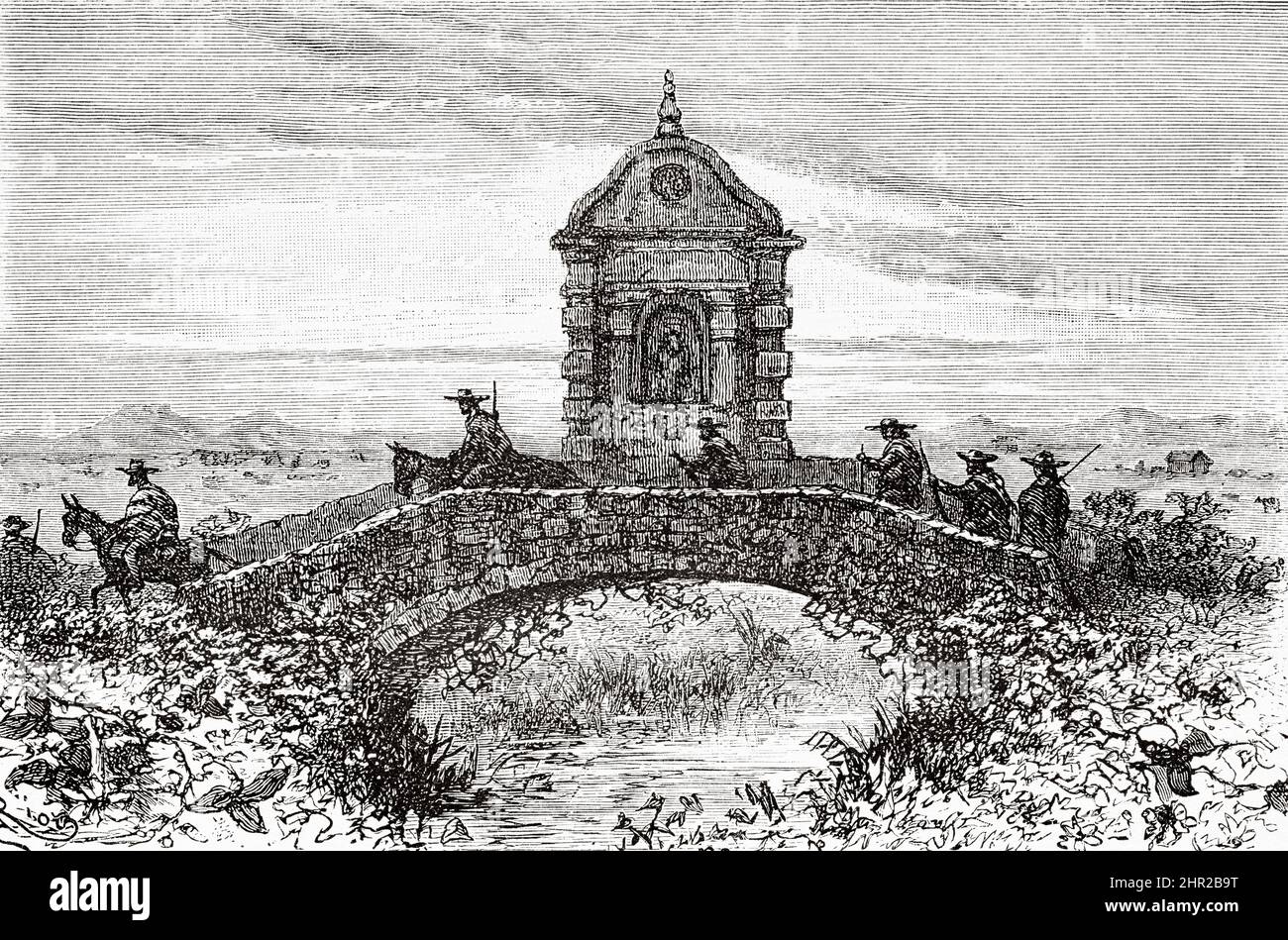 Le pont de San Antonio de la Zanja, monument national sculpté en pierre vers 1670, a l'effigie de Viceroy José Solís Folch de Cardona (1754-1761) Fontibon, plaine de Bogota, Cundinamarca, Colombie. Amérique du Sud. Vieux 19th siècle illustration gravée de Journey to Colombia par Edward François Andre, le Tour du monde 1877 Banque D'Images