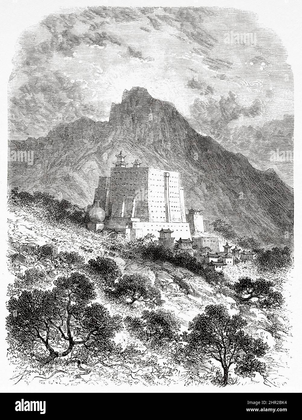 Monastère tibétain, Tibet. Asie. Voyage en Mongolie par Nikolai Mijailovich Przewalski en 1870-1873, le Tour du monde 1877 Banque D'Images