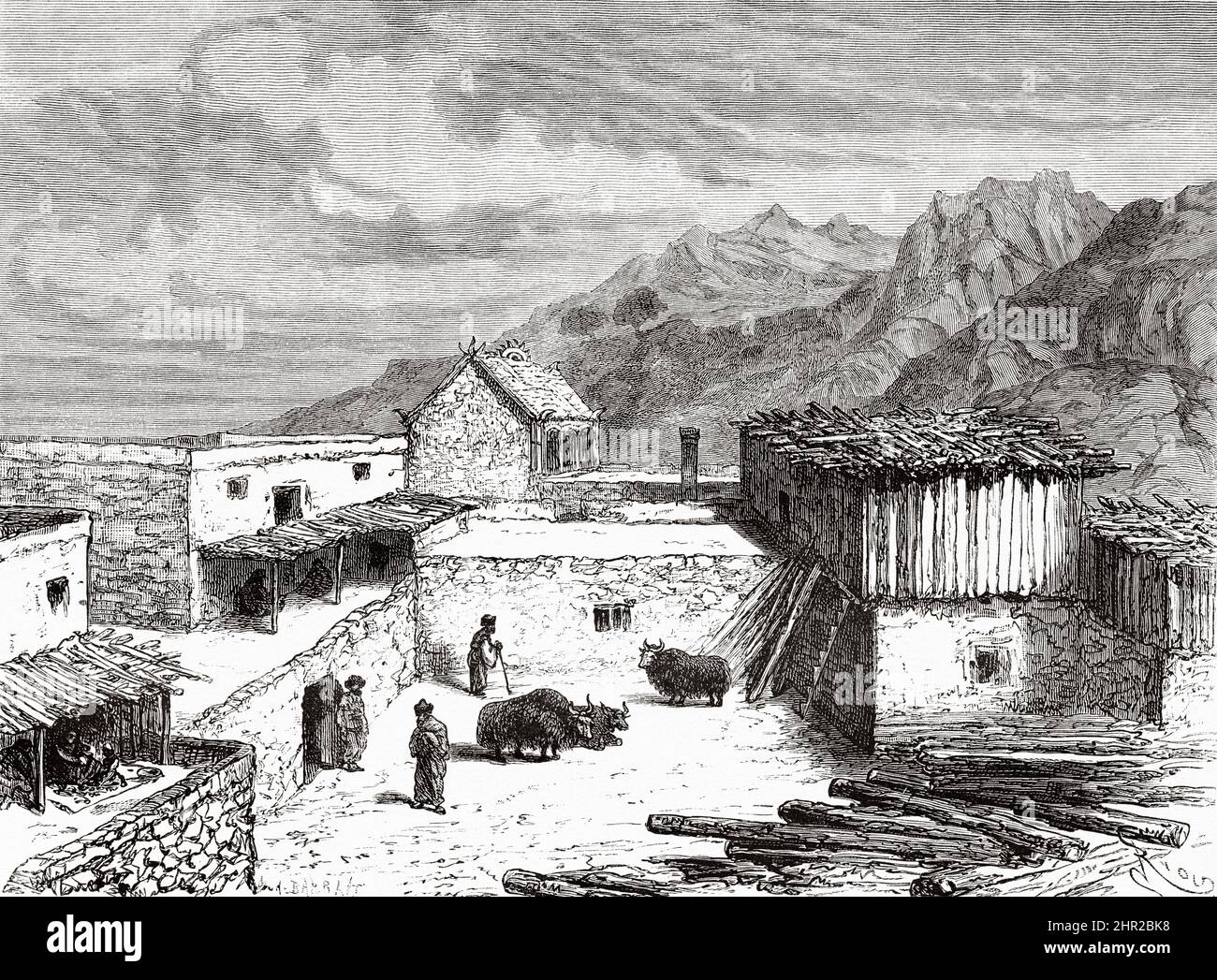Village tibétain, Tibet. Asie. Voyage en Mongolie par Nikolai Mijailovich Przewalski en 1870-1873, le Tour du monde 1877 Banque D'Images