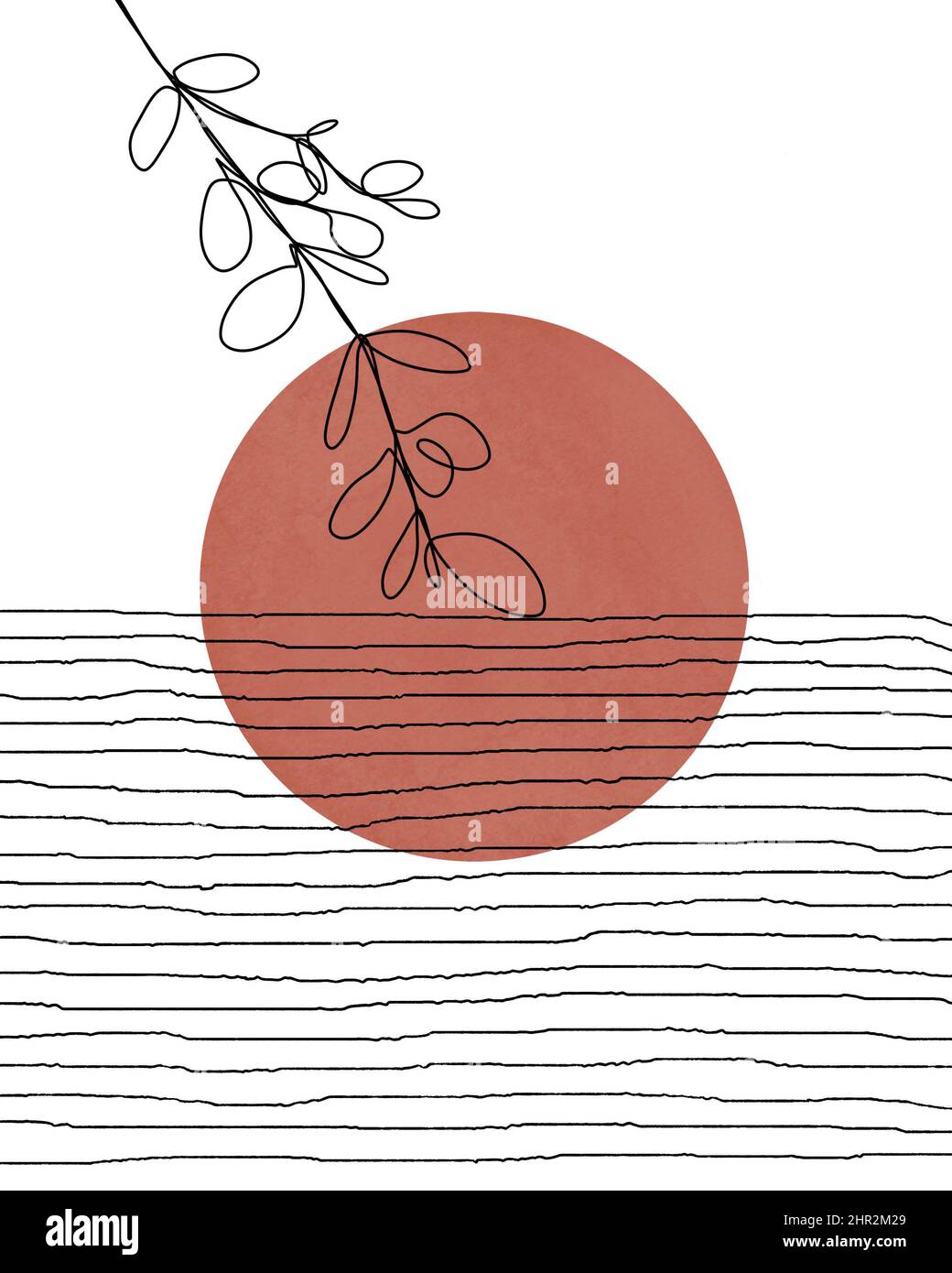 Imprimé coucher de soleil boho, soleil orange, feuilles et mer d'art, couleur terre cuite, art mural imprimable bohème minimaliste, illustration numérique moderne du milieu du siècle Banque D'Images