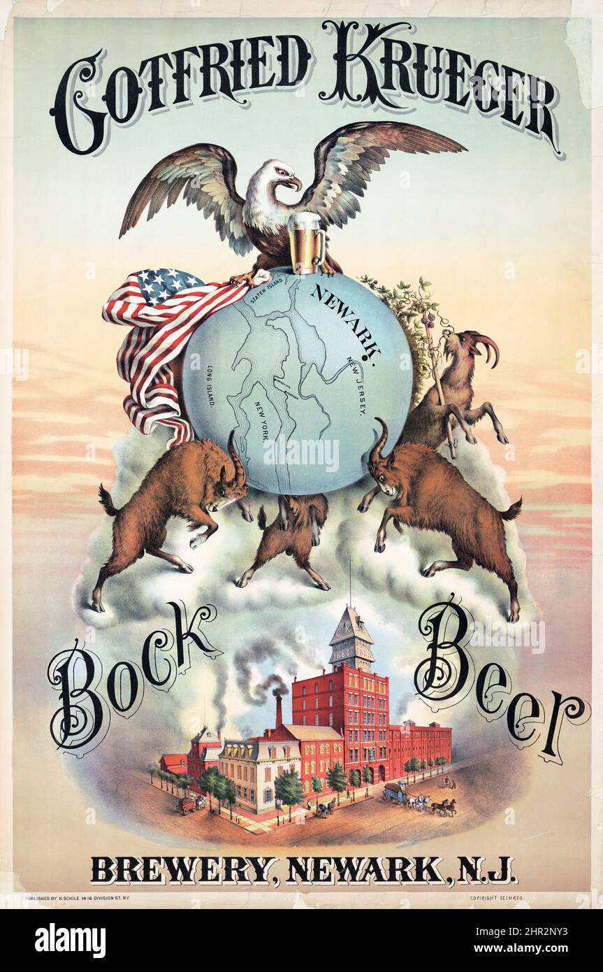 Brasserie Gotfried Kruger, Newark, New Jersey, Bock Beer - affiche publicitaire vintage Banque D'Images