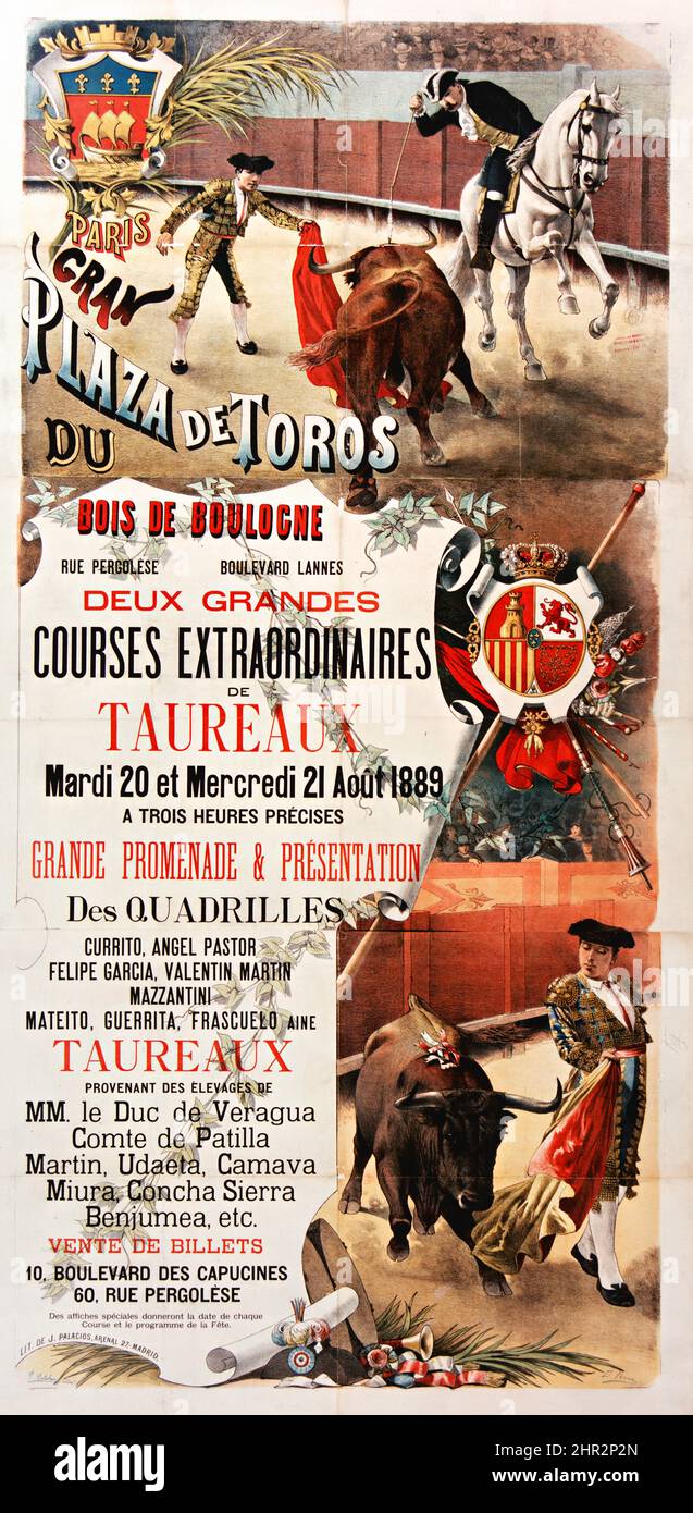 Deux grands cours extra-ordinaires de taureaux 1889 - affiche publicitaire vintage. Deux grandes courses de taureaux, Bois de Boulogne, Paris, 20-21 août. 1889 Banque D'Images