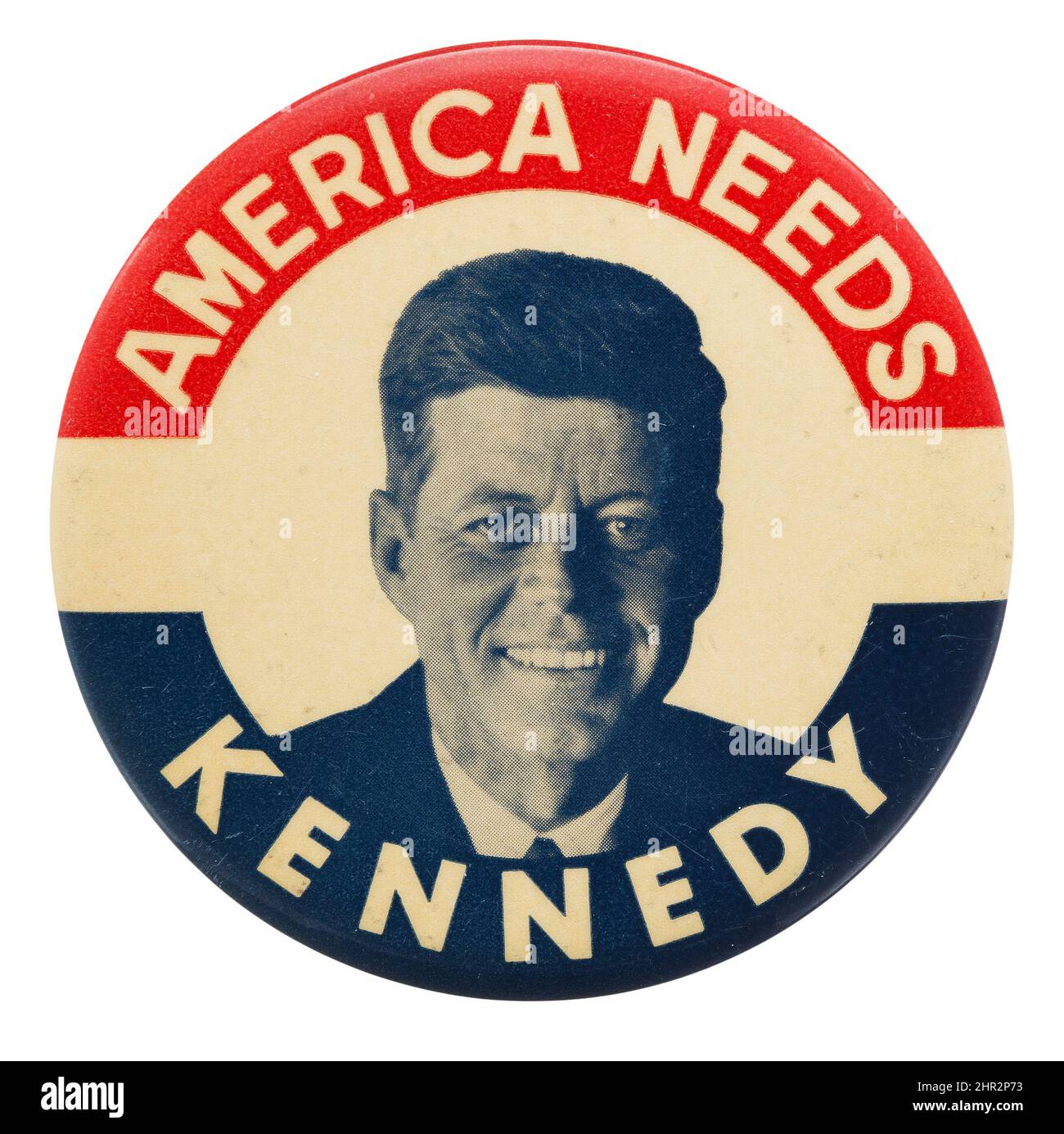 John F. Kennedy Grand sourire Portrait bouton - l'Amérique a besoin de Kennedy. Élection 1960s. Banque D'Images