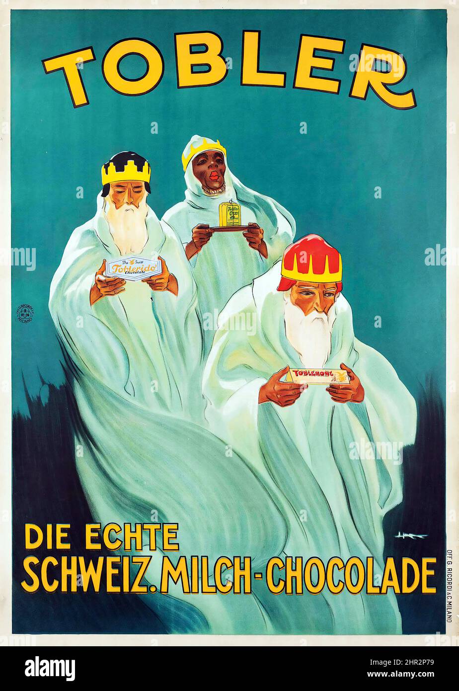 TOBLER - lithographie en couleurs, vers 1925, imprimé par G.Ricordi & C., Milano, affiche publicitaire vintage. Publicité au chocolat au lait suisse. Trois sages. Banque D'Images