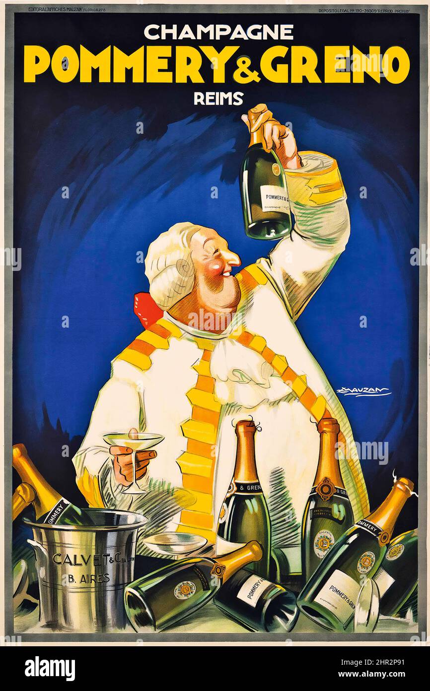 Achille L. Mauzan (1883-1952) POMMERY & GRENO, CHAMPAGNE REIMS - affiche publicitaire sur l'alcool d'époque. 1928. Banque D'Images