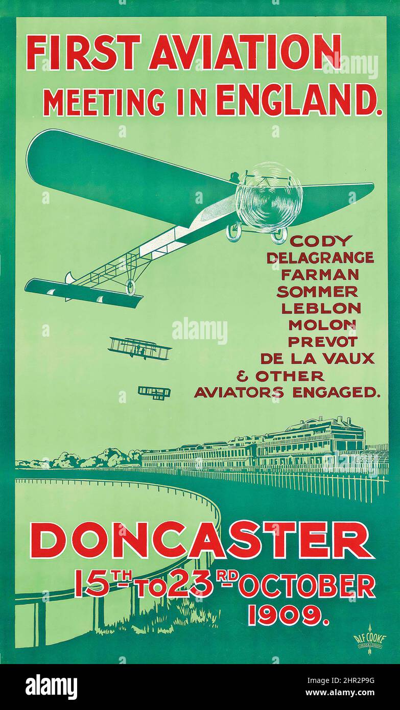 Artiste anonyme - PREMIÈRE RENCONTRE AVIATION EN ANGLETERRE, DONCASTER - lithographie en couleurs, 1909, imprimé par Alf Cooke Ltd., Londres. Banque D'Images