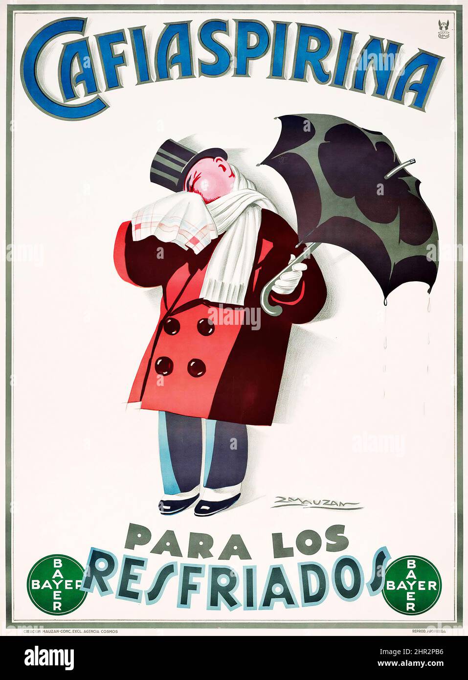 Achille L. Mauzan (1883-1952) CAFIASPIRINA, PARA LOS RESFRIADOS - affiche publicitaire vintage. BAYER. Banque D'Images