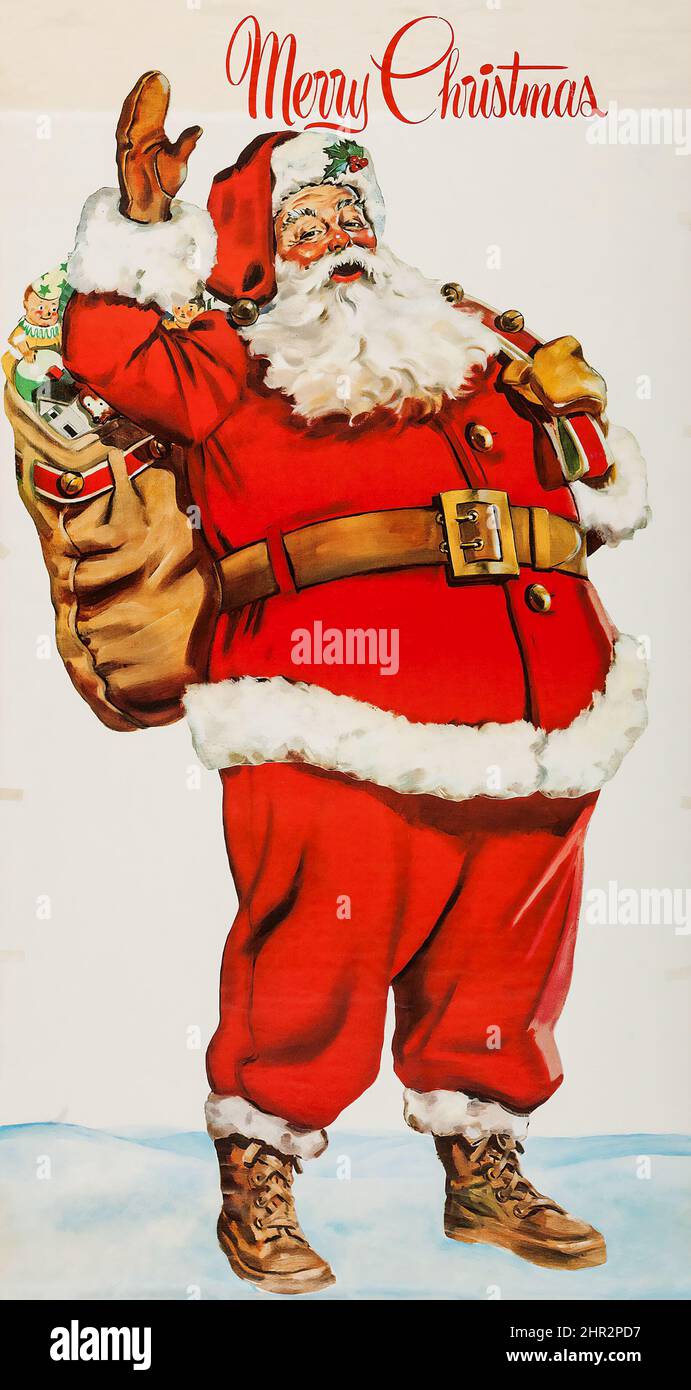 Affiche des fêtes du Père Noël - affiche publicitaire vintage (1950s). Banque D'Images