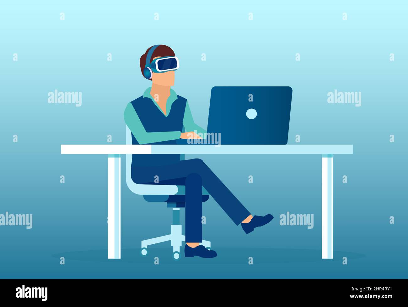 Vecteur d'un homme assis dans une chaise et utilisant un casque de réalité virtuelle jouant sur un ordinateur Illustration de Vecteur