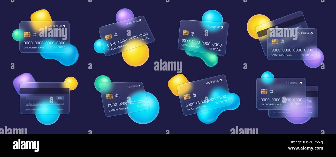 Carte de crédit Glassmorphisme, cartes bancaires en verre dépoli avec effet de flou. Carte de débit en plastique mat transparent avec ensemble vectoriel de formes abstraites. Rapport d'éclairage Illustration de Vecteur