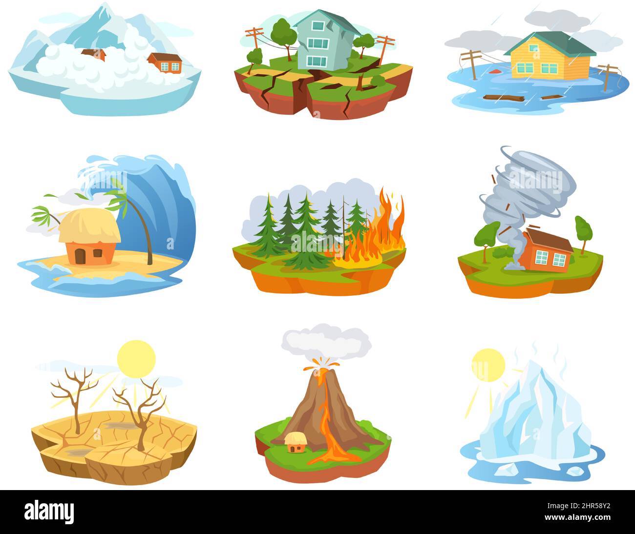 Caricature des catastrophes naturelles et des catastrophes, des conditions météorologiques extrêmes. Tremblement de terre, inondation, feu de forêt, ouragan, ensemble de vecteurs de catastrophe de tsunami. Illustration de c Illustration de Vecteur