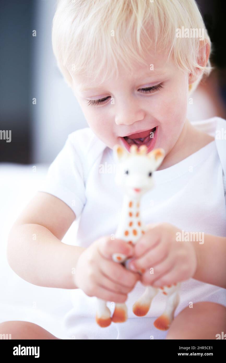 Apprendre sur les animaux. Photo d'un jeune bébé jouant avec une girafe en peluche. Banque D'Images