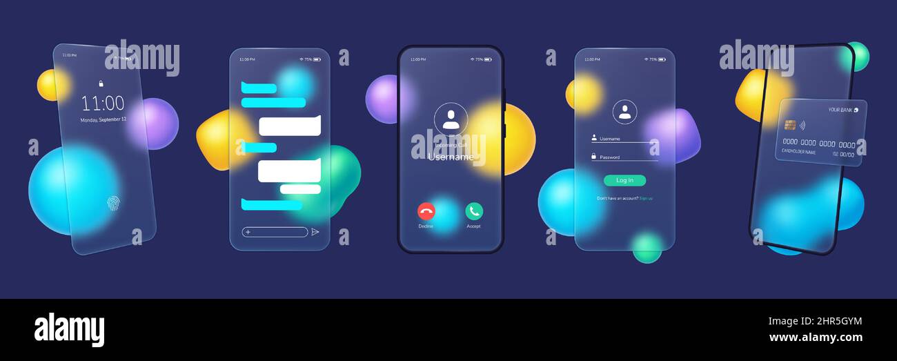 Smartphone Glassmorphism, plaques de verre transparentes avec interface utilisateur pour applications mobiles. Écran de téléphone en verre dépoli avec ensemble vectoriel de formes abstraites floues. Rapport d'éclairage Illustration de Vecteur