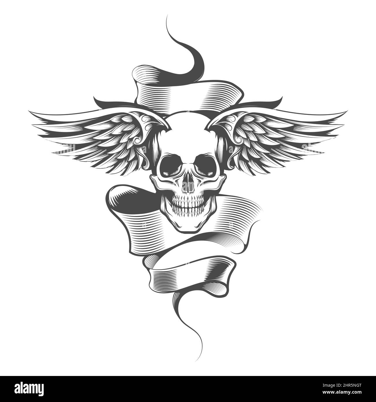 Crâne à ailes et tatouage de bannière isolés sur blanc. Illustration vectorielle. Illustration de Vecteur