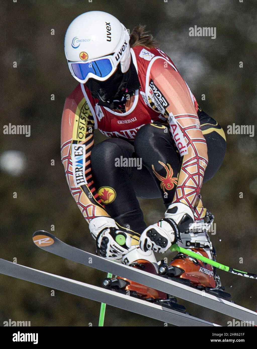 Larisa Yurkiw, du Canada, s'est emparée pendant la course de descente de 2nd pour femmes à Lake Louise, en Alberta, le jeudi 5 décembre 2013. LA PRESSE CANADIENNE/Jonathan Hayward Banque D'Images