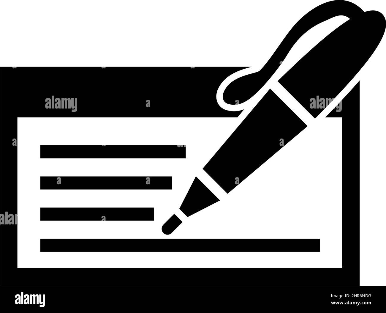 Écrire un chèque de banque. Vérification de la signature du stylo. Illustration de l'icône vecteur plat. Symbole noir simple sur fond blanc. Écrire un chèque de banque. Signature de la signature de la plume Illustration de Vecteur