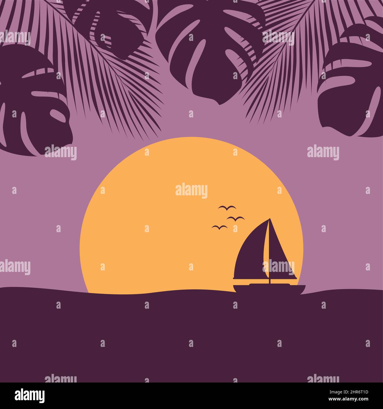 coucher de soleil en mer avec yacht paysage marin de la nature avec voilier et feuille de palmier Illustration de Vecteur