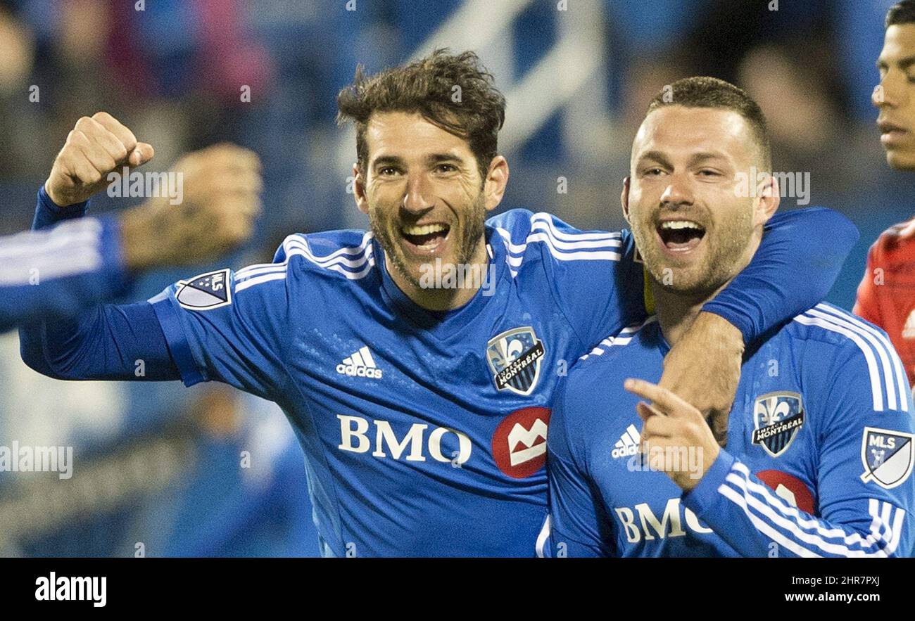 Jack McInerney, de l'impact de Montréal, à droite, célèbre avec son coéquipier Igancio Piatti après avoir marqué contre le FC Dallas lors de la deuxième partie de l'action de soccer MLS à Montréal, le samedi 23 mai 2015. LA PRESSE CANADIENNE/Graham Hughes Banque D'Images