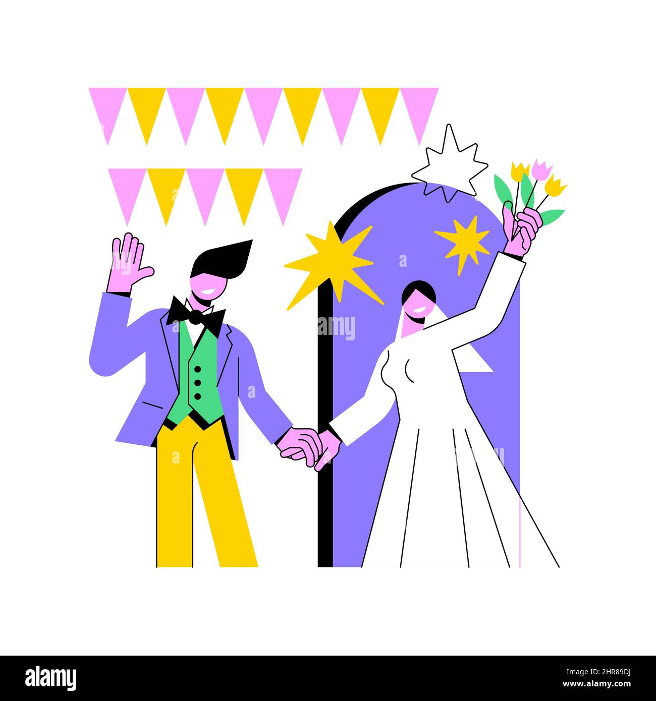 Illustration vectorielle abstraite de concept de mariage. Service de planification de mariage, idée de fête de mariage, robe de mariée et demoiselle d'honneur, décoration de lieu, design de bouquet, menu et bar métaphore abstraite. Illustration de Vecteur