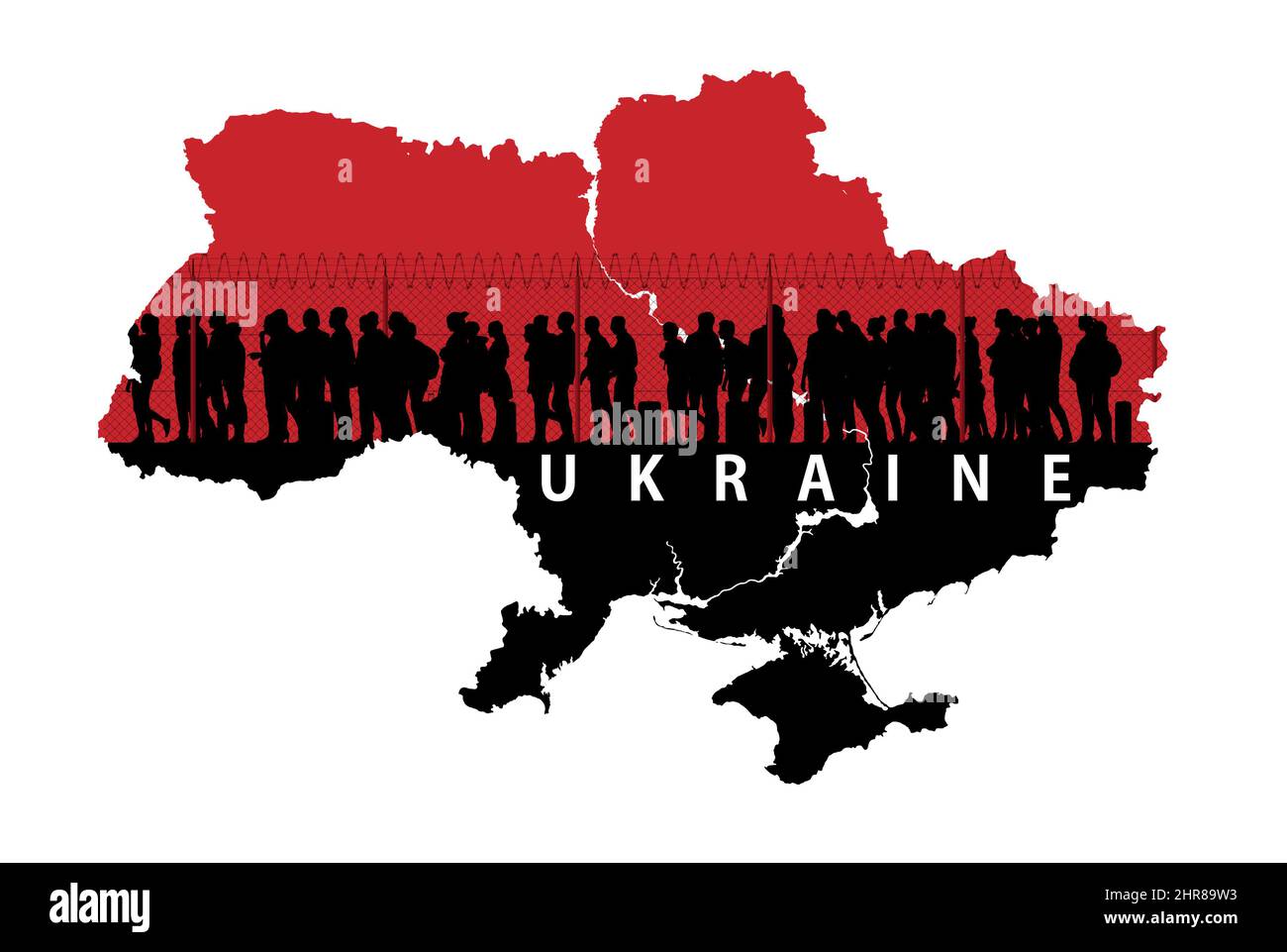 Réfugiés et immigrants à la recherche d'une nouvelle vie. Colonne de migrants près des frontières de l'État. Clôture et fil barbelé. Carte de l'Ukraine Banque D'Images