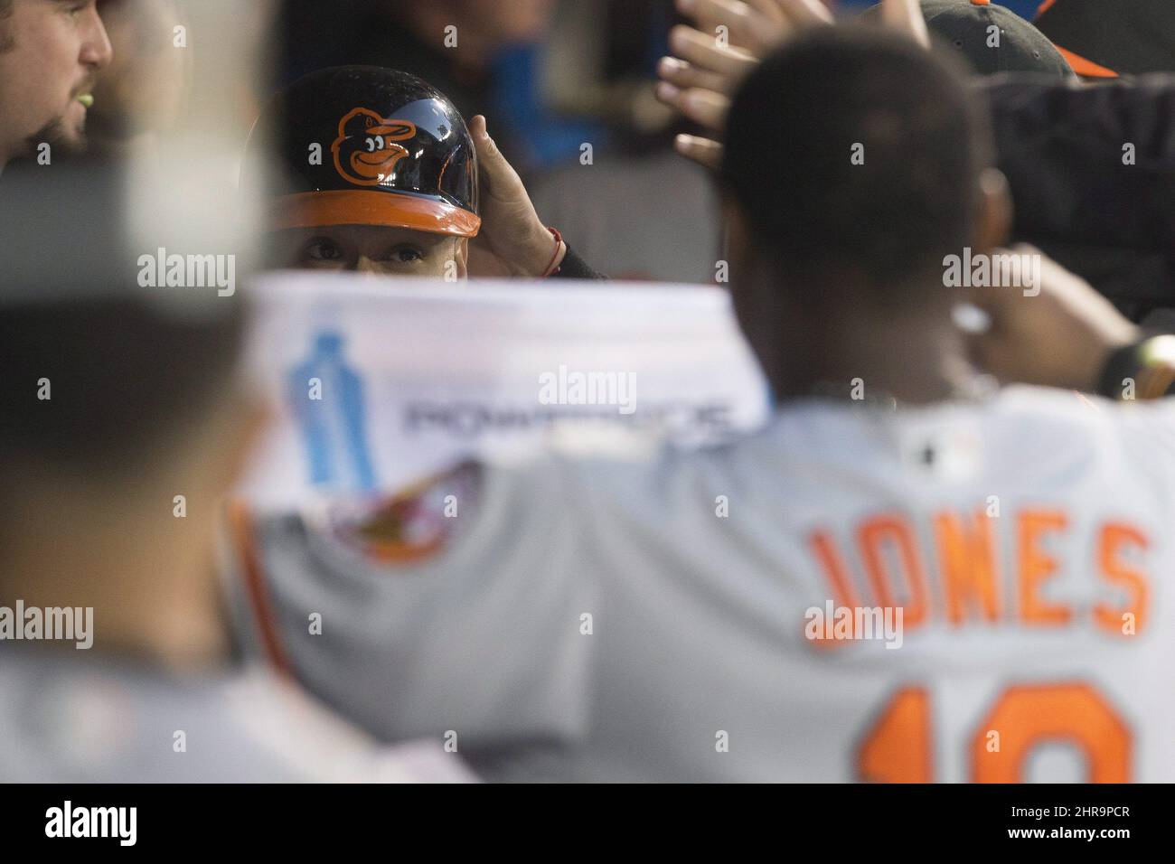 Adam Jones (à droite) de Baltimore Orioles tient une serviette dans le style d'un matador pour que le joueur désigné Pedro Alvarez (à gauche) passe à travers tout en célébrant Alvarez a frappé un homer solo au large de Toronto Blue Jays commençant le pichet Marcus Stroman pendant le sixième repas de la ligue majeure de baseball action à Toronto on Jeudi 9 juin 2016. LA PRESSE CANADIENNE/Chris Young Banque D'Images