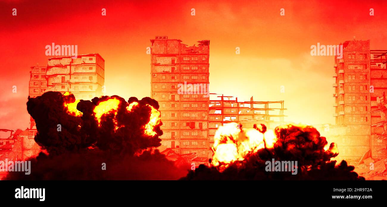 raid russe sur Kiev, Ukraine. Des avions de combat bombardent des cibles sensibles à Kiev. Explosions causées par des missiles de bâtiments et de maisons. Guerre Banque D'Images