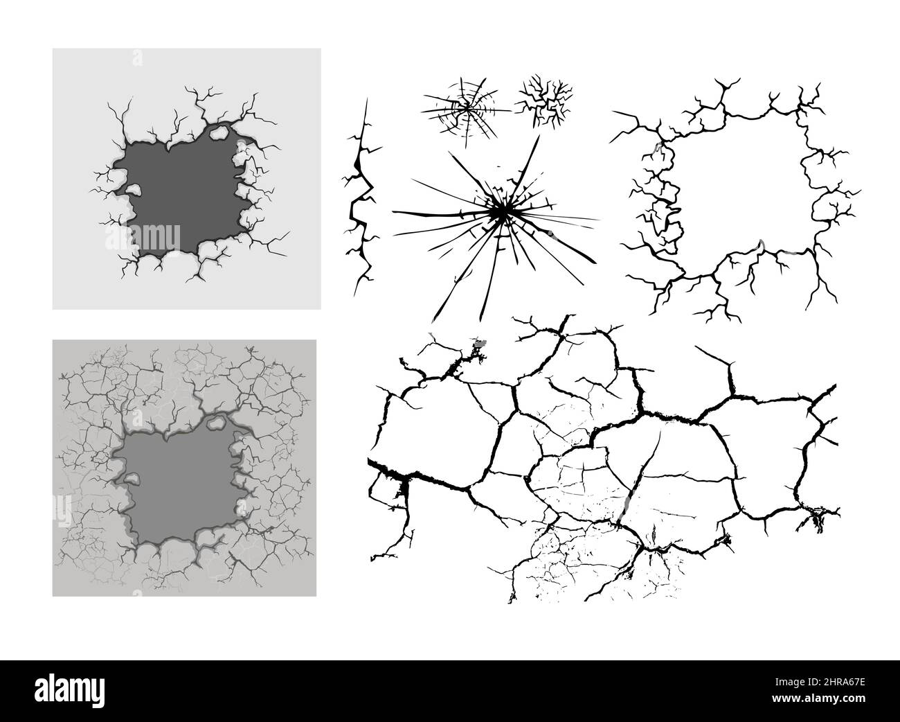 Ensemble de fissures pour la conception de catastrophes. Différents types fissures isolées textures: Rupture de la terre, fissures dans le mur, des panneaux de verre. Arrière-plan vectoriel. Illustration de Vecteur
