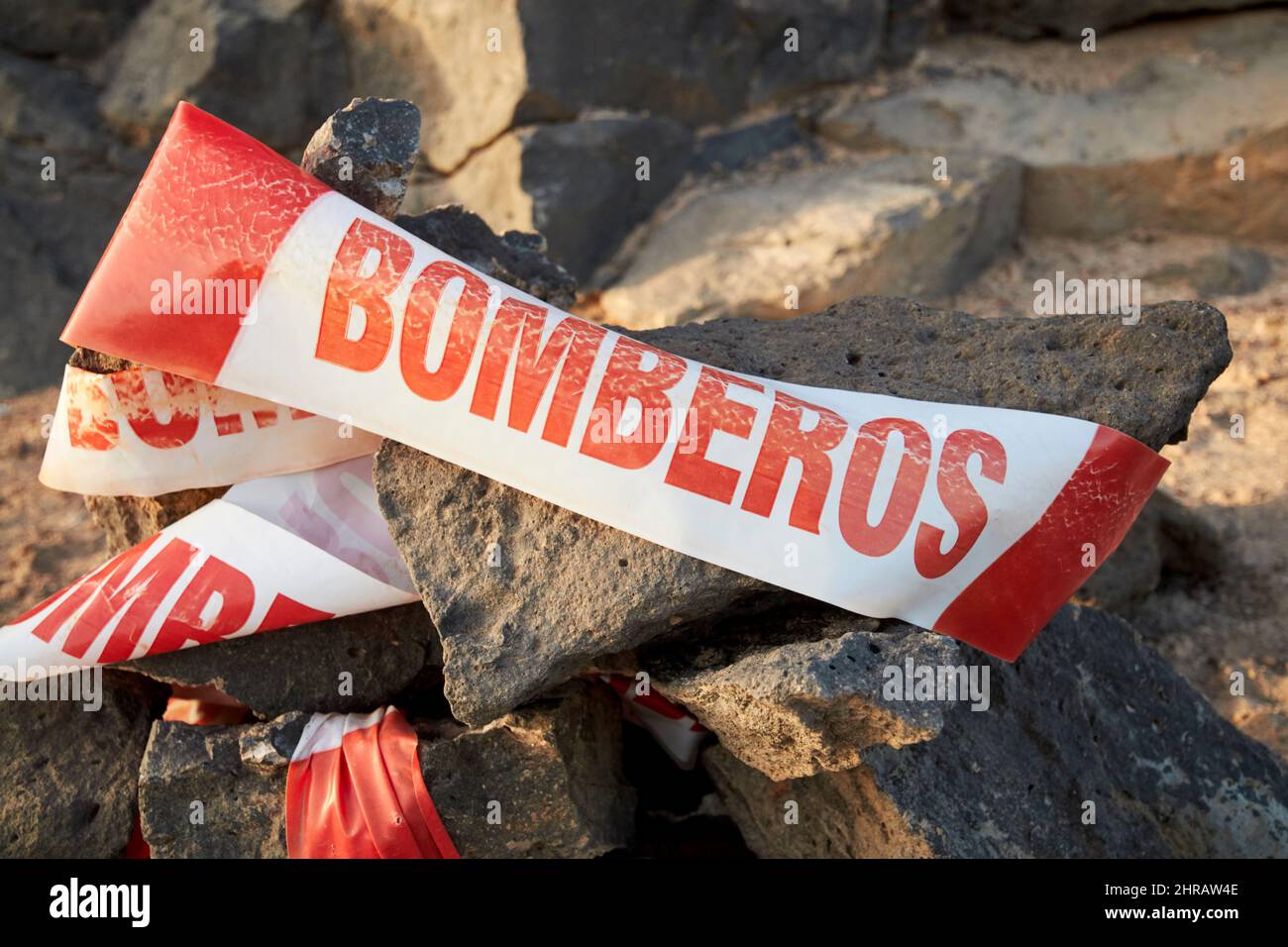 Service d'incendie bomberos cordon signe Lanzarote, îles Canaries, Espagne Banque D'Images