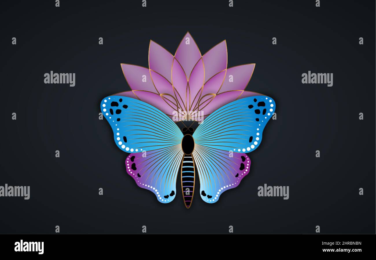 Texte « fleur de lotus » et logo « papillon » avec modèle de fleur de papillon coloré. Concept de yoga. Vector Design pour les tirages de mode, d'affiches et de cartes Illustration de Vecteur