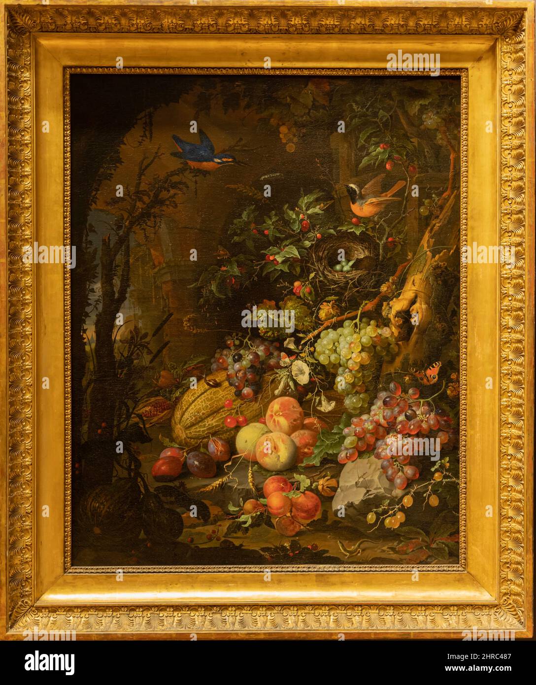 Musée du Louvre. Fleurs, fruits, oiseaux et insectes sur fond de ruines, avec une souris entrant dans un nid peint par Abraham Mignon Banque D'Images
