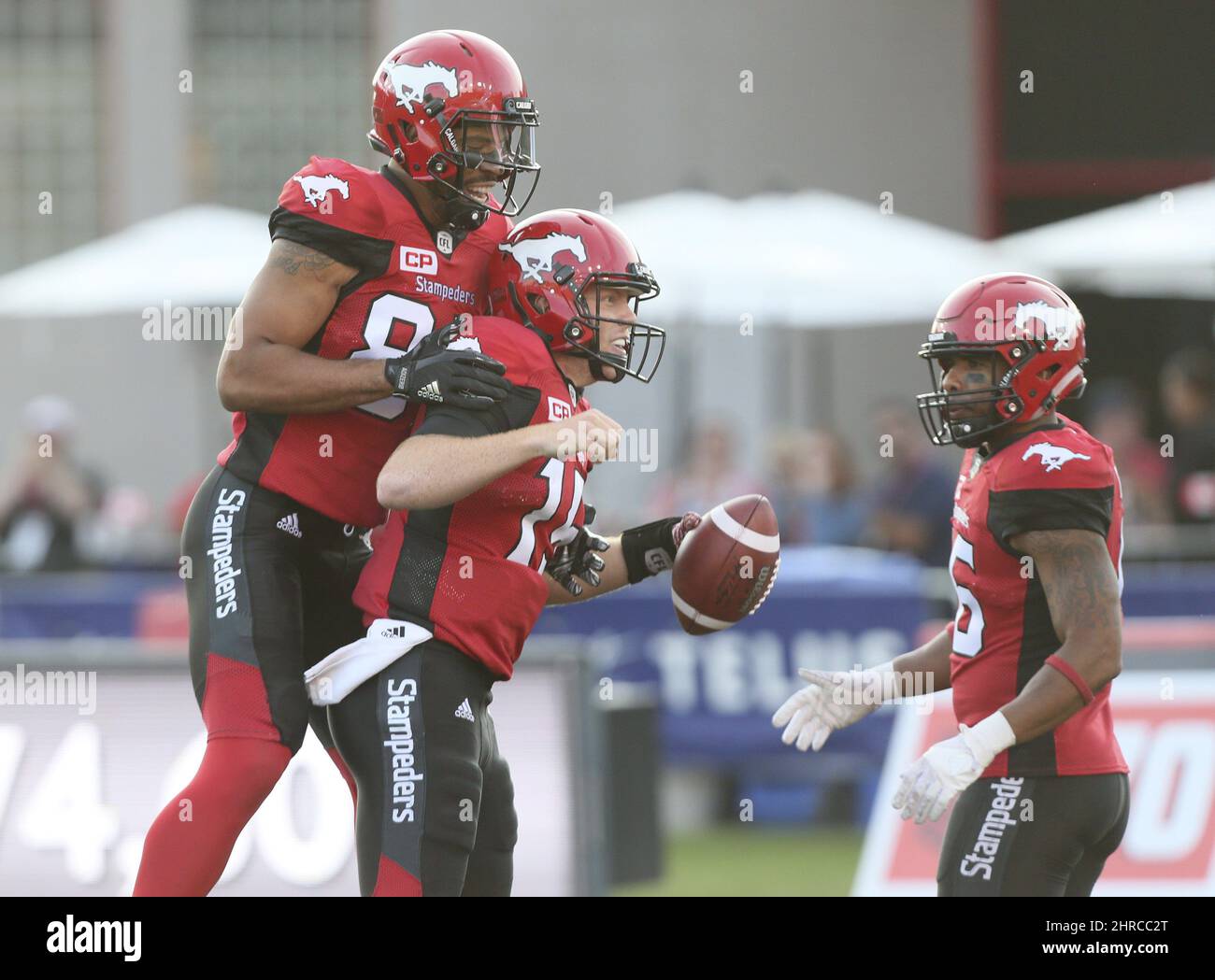 Au centre, Andrew Buckley, de Calgary Stampeders, célèbre son touchdown avec ses coéquipiers Kamar Jorden, à gauche, et Marquay McDaniel (16) dans la deuxième moitié de l'action de la CFL contre les Noirs d'Ottawa, à Calgary, le jeudi 29 juin 2017. Calgary défait Ottawa 43 - 39. LA PRESSE CANADIENNE/Mike Ridewood Banque D'Images
