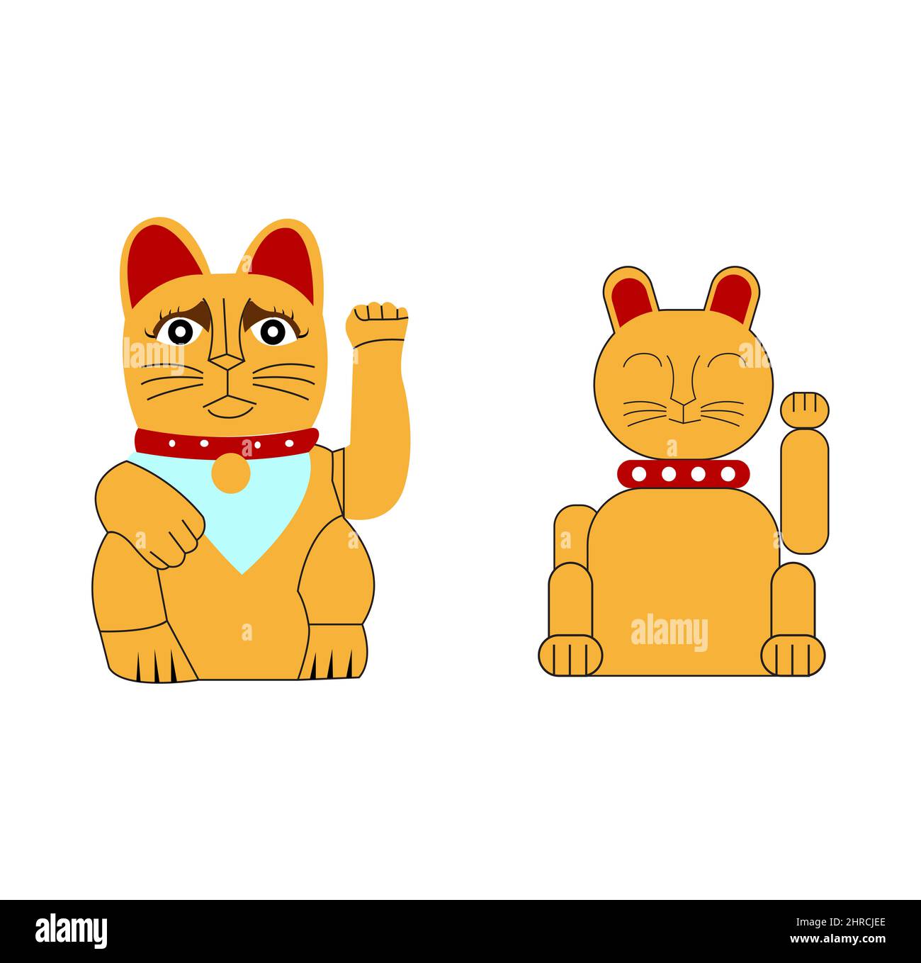 Illustration de deux chats jaunes symboliques avec des expressions drôles du visage et des mains levées Banque D'Images