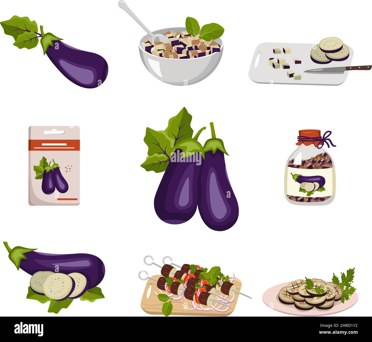 Jeu d'icônes aubergines violettes. Légumes entiers et tranches, cercles de graines et de feuilles. Aliments en dés dans un bol et une planche à découper. Plante dans un pot, barbecue sur brochette, plat sur le gril. Illustration vectorielle plate Illustration de Vecteur