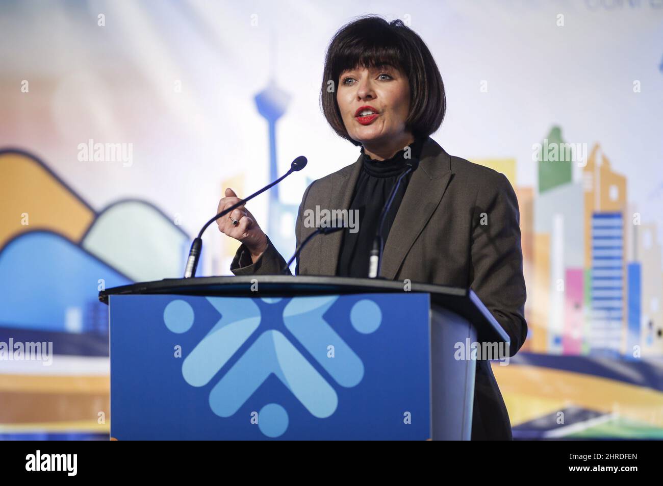 La ministre fédérale de la Santé, Ginette Petitpas Taylor, annonce de nouvelles activités fédérales pour faire face à la crise des opioïdes lors d'un discours à Calgary, en Alberta, le mercredi 15 novembre 2017. LA PRESSE CANADIENNE/Jeff McIntosh Banque D'Images