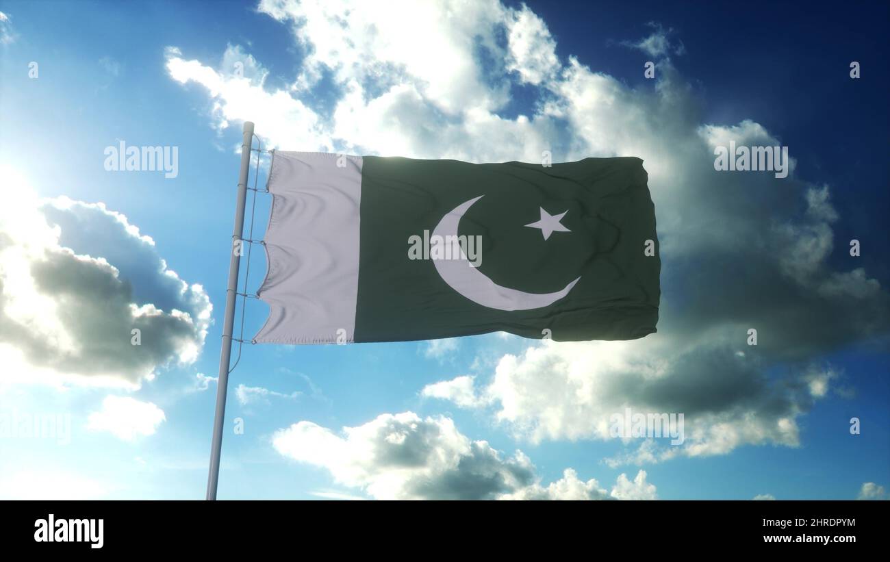 Drapeau du Pakistan agitant au vent contre un beau ciel bleu. 3d rendu. Banque D'Images