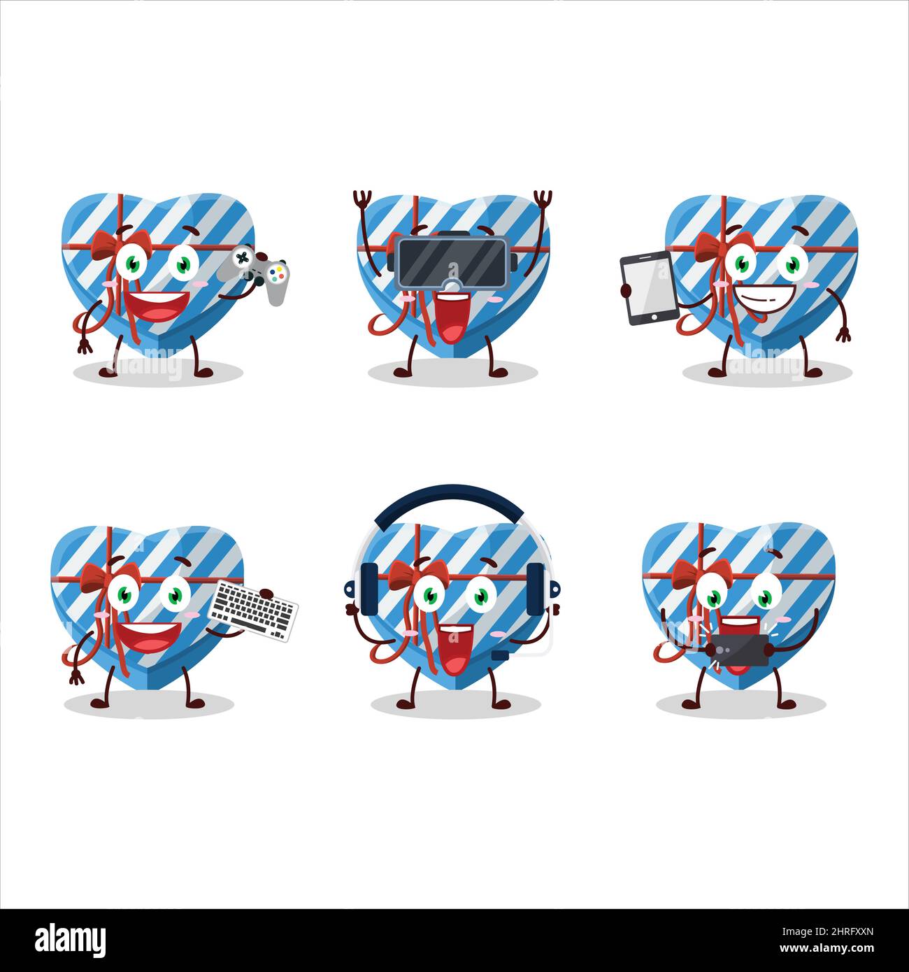 Blue Love boîte cadeau personnage de dessin animé jouent à des jeux avec divers émoticônes mignons. Illustration vectorielle Illustration de Vecteur