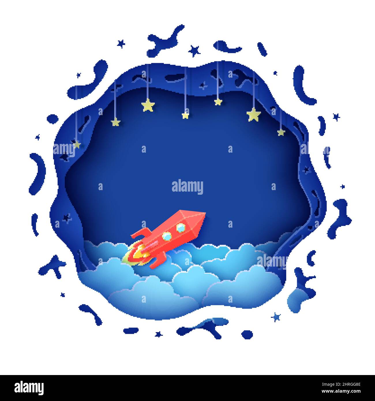 Ciel nocturne en forme de rond et roquette rouge en style coupé en papier. Fond de 3D couches avec bleu paysage nuageux avec étoiles sur corde paper cut art Vector Illustration de Vecteur