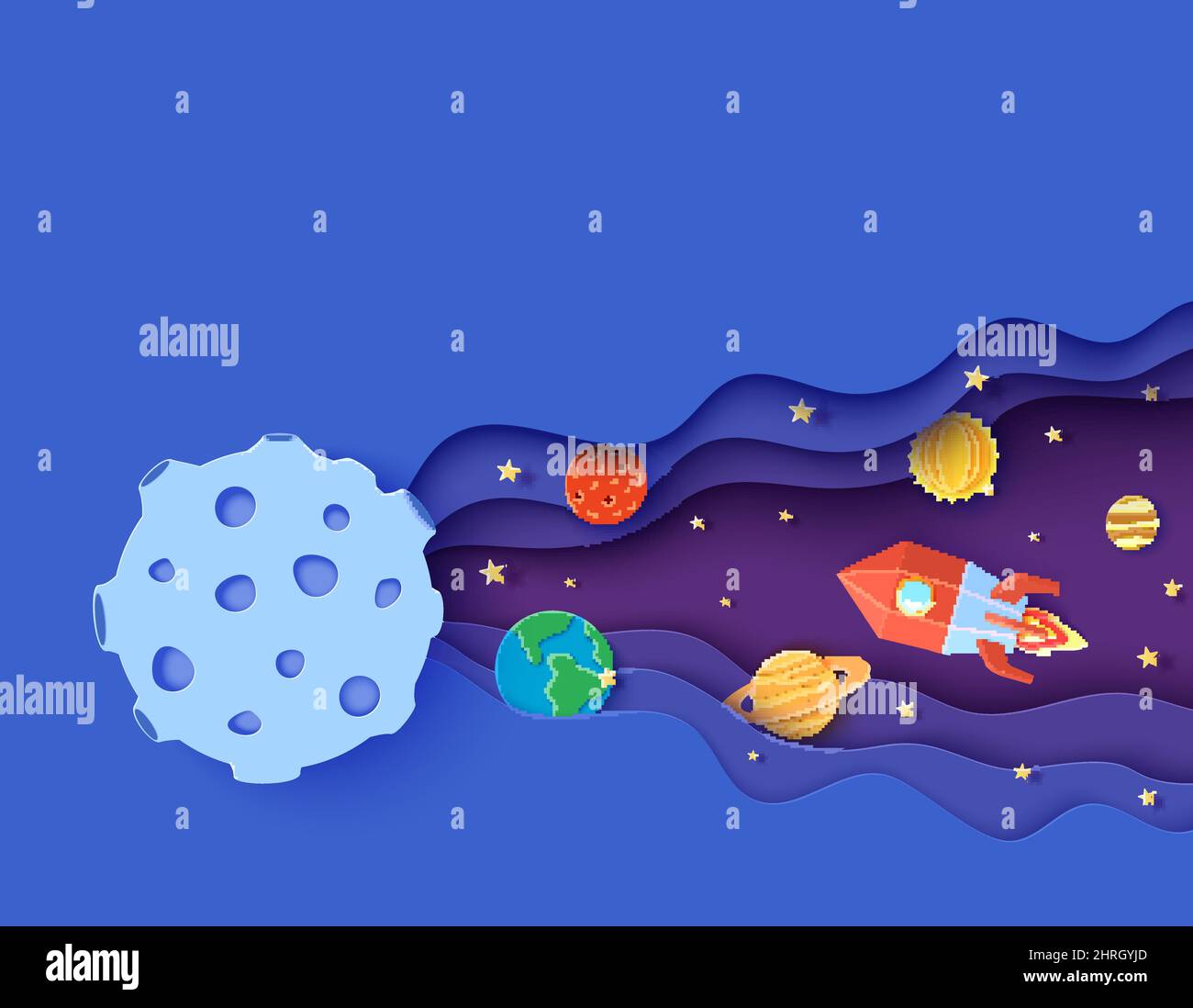 Espace avec roquette rouge et planètes en style coupé en papier. Découpez 3D univers résumé arrière-plan avec planète Terre, Soleil, Mercure, Saturne, Lune, Jupiter Illustration de Vecteur