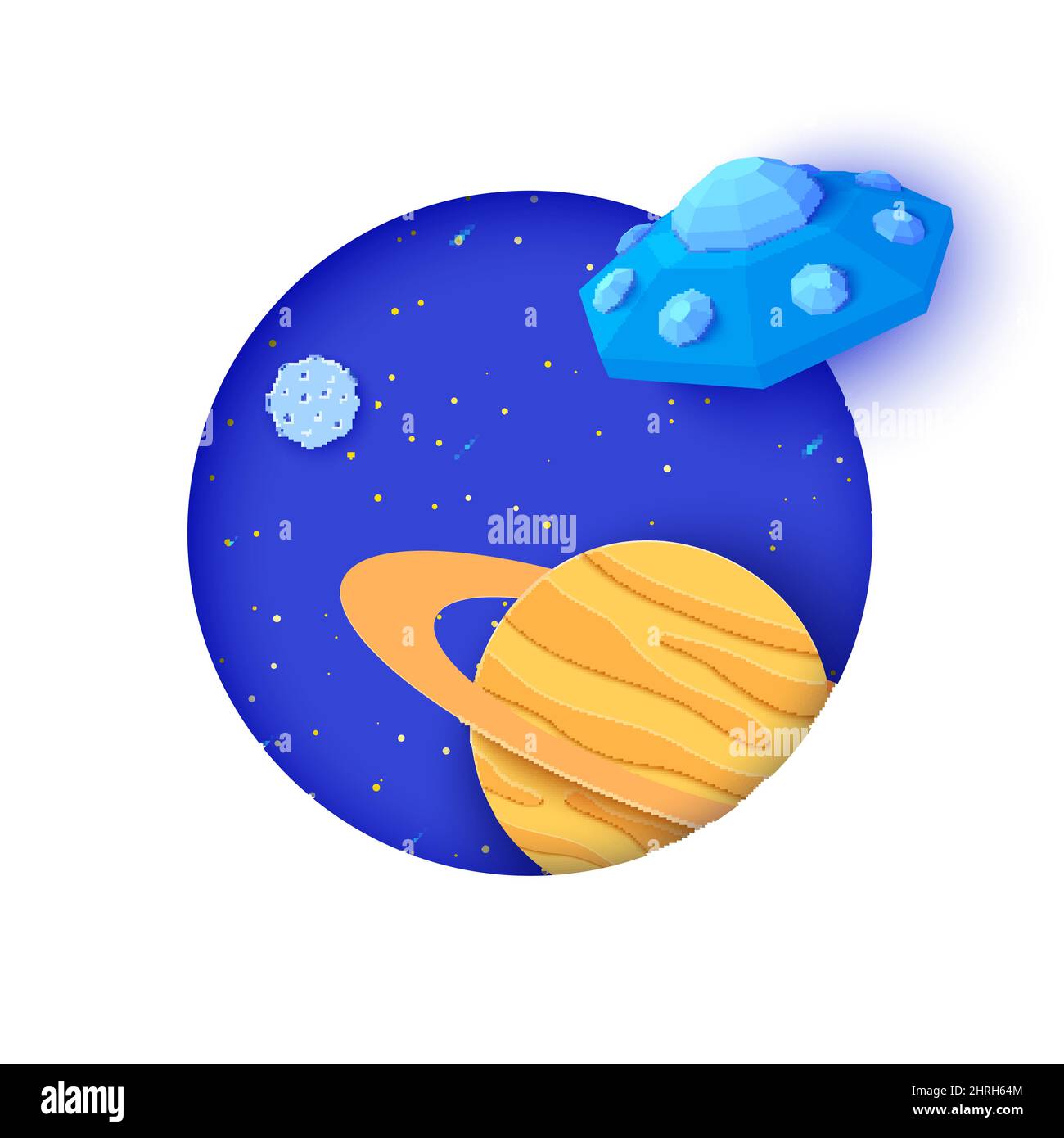 Soucoupe volante volant dans l'espace avec un style de coupe en papier. Galaxy paysage 3D fond artisanal avec cadre rond blanc et ciel étoilé. Découpe en carton Illustration de Vecteur