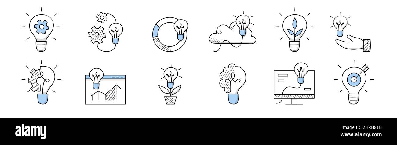 Idea icons, doodle business panneaux ampoules avec roue dentée, carte, sprint, ampoule avec cerveau, nuage, cible avec flèche, lampe à main humaine. Power, task solution jeu de vecteurs Line art Illustration de Vecteur