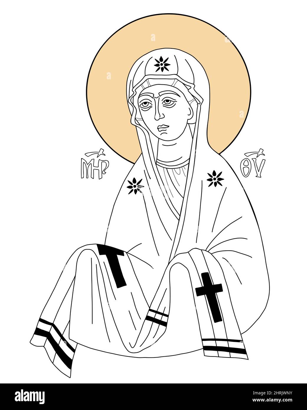 Icône de l'intercession de la plupart des saints Theotokos. La Vierge Sainte Marie mère Marie d'intercession avec un omophorion. Dessin manuel linéaire. Illustration vectorielle Illustration de Vecteur