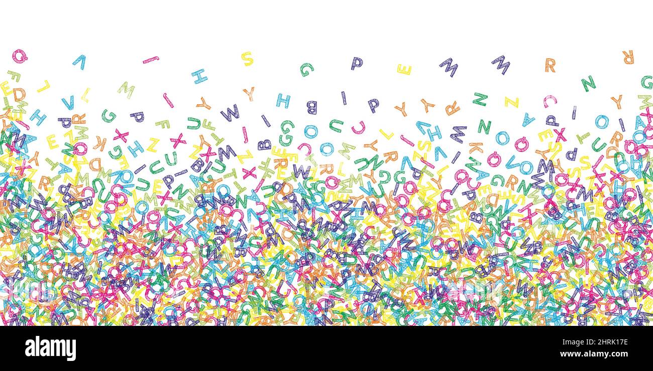 Chute de lettres de langue anglaise. Croquis coloré des mots volants de l'alphabet latin. Concept d'étude des langues étrangères. Bandeau de retour à l'école sur fond blanc. Illustration de Vecteur