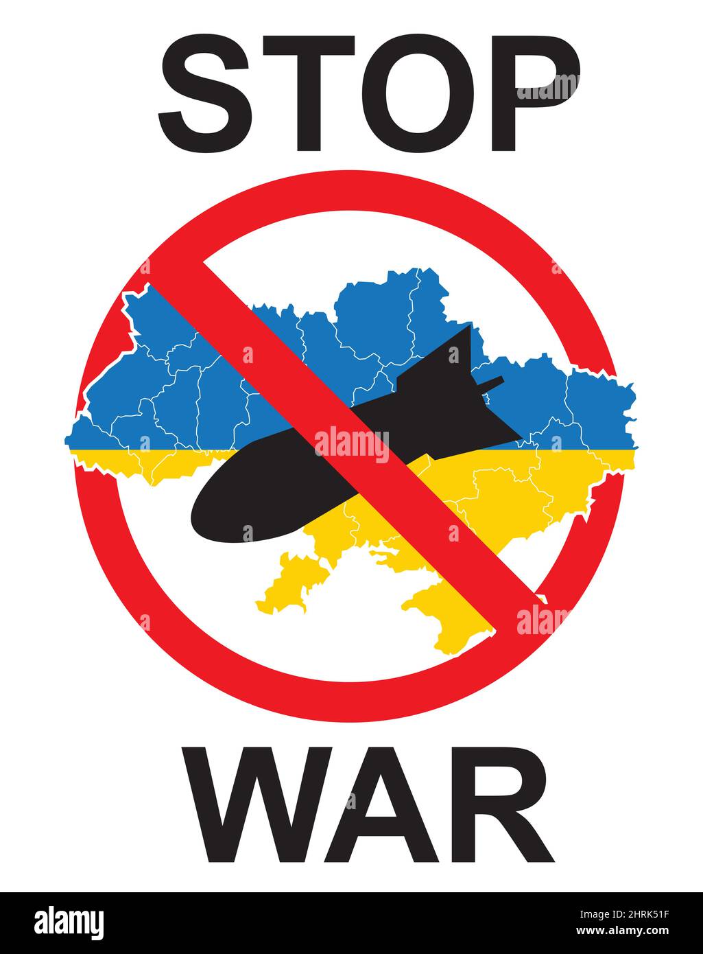 Poster du vecteur de concept Stop war in Ukraine. Carte de la bombe nucléaire au-dessus de l'Ukraine en cercle rouge, symbole d'arrêt. Agression et attaque militaire. Panneau stop war Illustration de Vecteur