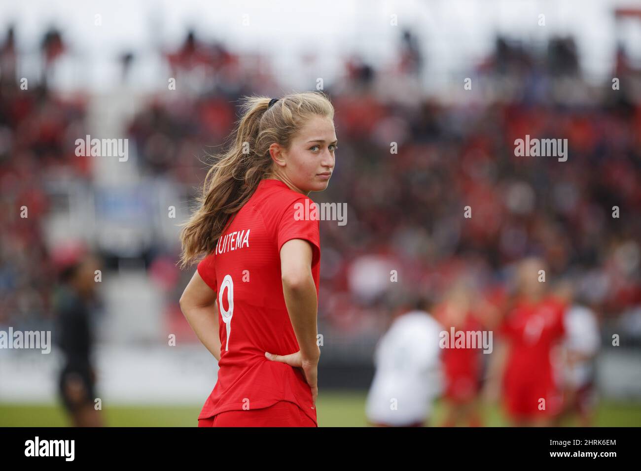 Jordyn Huitema (9), l'avant-scène du Canada, est vu pendant la deuxième  moitié d'un football féminin international amical contre le Mexique à BMO  Field, à Toronto, le samedi 18 mai 2019. Huitema a